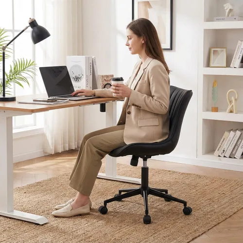 Miniatura 8 de YOUNIKE Silla de escritorio compacta negra para oficina en casa con ruedas, silla de tocador linda sin brazos cómoda con respaldo basculante
