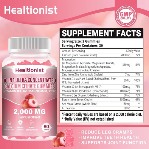 Miniatura 2 de 2 paquetes de 2000 mg de citrato de calcio con vitamina D3 K2 suplementos de gomitas para mujeres y hombres, magnesio, zinc, alta absorción, apoyo