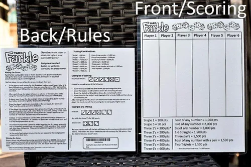 YARD FARKLE SCORE CARDS with Rules on the back- Laminated Farkle Score Card, Reusable Score Card, Size- 8.5" x 11" (ONE Farkle Score Card)