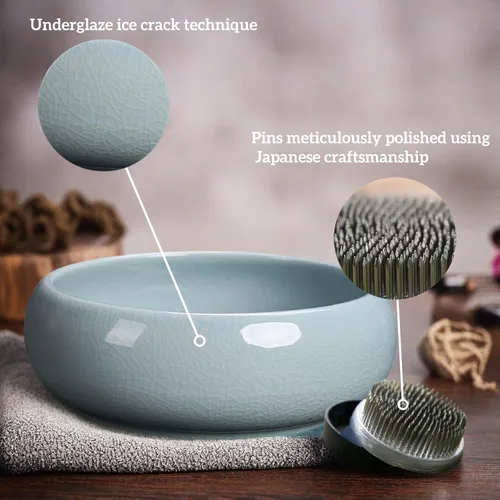 Miniatura 3 de Water Lotus - Juego de maceta de tazón de compota japonesa con rana floral de 1.8 pulgadas, ideal para Ikebana, arreglo floral y plantación Celadón