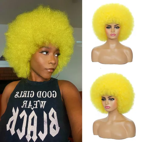Miniatura 16 de Peluca rizada afro de los años 70 para mujer, marrón oscuro, fibras sintéticas, suave, flexible, sin desprendimiento, correas ajustables Marrón/Negro