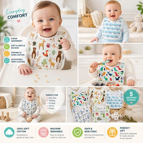 Miniatura 2 de KiddyStar Drool Bibs for Babies – Organic, Unisex, Soft Absorbent Teething Bibs with Adjustable Snaps Paquete de 5 baberos de dinosaurio