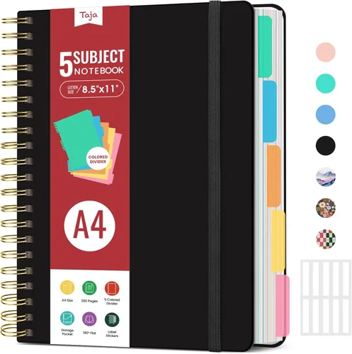 Cuadernos de espiral con tapa dura para el trabajo con divisores y pestañas removibles, de 8.5"x11" con 5 divisiones para tomar notas y organizador,