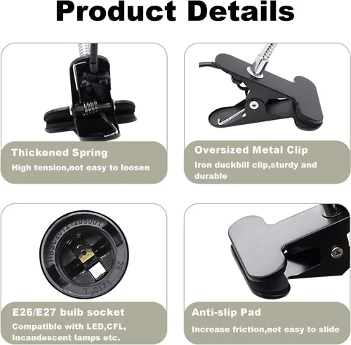 Miniatura 4 de Soporte de Lámpara con Clip Ajustable Interruptor Luz de Clip Flexible Soporte de Lámpara con Clip Soporte de Lámpara de Escritorio con Clip Zócalo