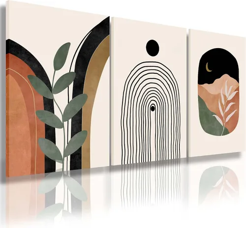 Miniatura 10 de Arte de pared bohemio - Conjunto de 3 impresiones geométricas abstractas de mediados de siglo, negro, beige, terracota, obra de arte en lienzo