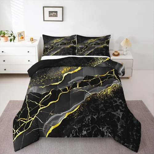 Miniatura 9 de Juego de edredón de mármol negro individual, ropa de cama dorada agrietada para adultos, hombres y mujeres, juegos de edredón de textura metálica