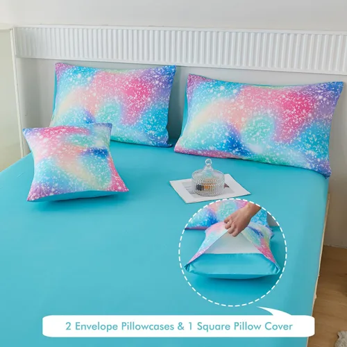 Miniatura 4 de PERFEMET Juego de edredón de tamaño completo para niñas, 6 piezas, rosa verde degradado arcoíris, juego de ropa de cama colorido tie dye con Azul
