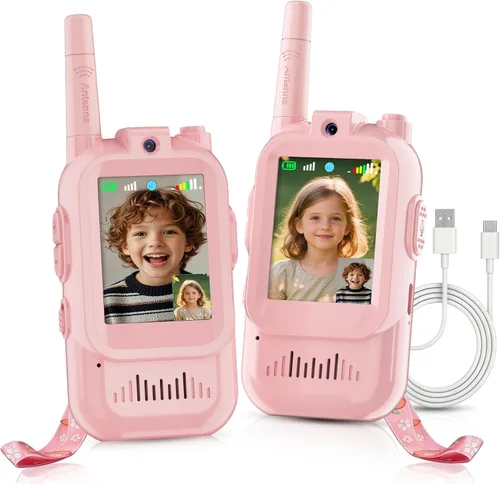 Miniatura 14 de Walkie Talkie para niños con video: paquete de 2 juguetes recargables para niños pequeños con cámara HD y cambiador de voz, juguetes de regalo