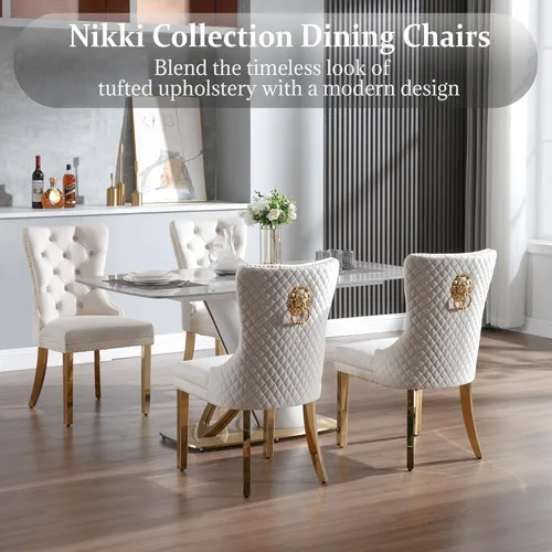 Miniatura 2 de Civama Juego de 2 sillas de comedor, elegantes sillas de comedor de terciopelo capitonado de lujo con patas doradas y adornos de clavos, tirador