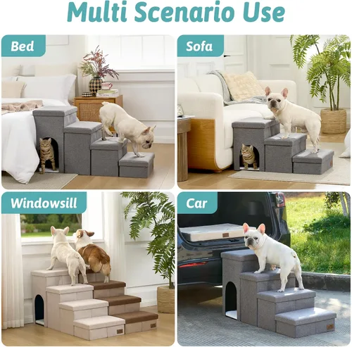 Miniatura 6 de Escaleras para perros con almacenamiento, escalones resistentes de 4 escalones más anchos para perros pequeños, medianos y grandes, rampa para Gris