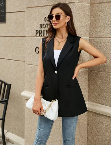 Miniatura 6 de Kedera Chaleco largo sin mangas para mujer chaqueta casual de oficina con solapa