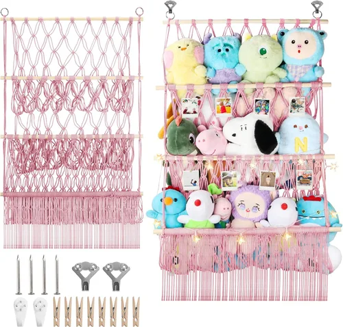 Miniatura 11 de Red de almacenamiento de animales de peluche de 2 niveles, 17 x 32 pulgadas, organizador grande de animales de peluche para pequeños rellenos