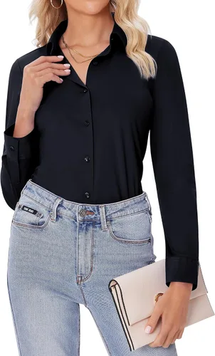 Miniatura 8 de siliteelon Camisas con botones para mujer, ajustadas, de manga larga, elásticas, de vestir, camisas de trabajo, sin arrugas, blusas de oficina