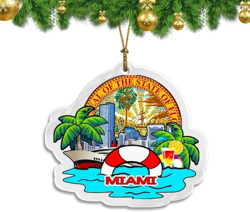 Miami Florida USA Christmas Ornament Transparent Acrylic Double Sided Tree Decoration Pendant Travel Souvenir Tourist Collection Personalized Car