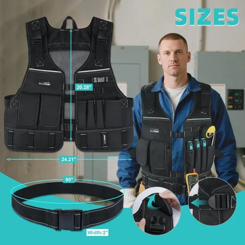 Miniatura 3 de MELOTOUGH Chaleco de herramientas para hombre con bolsillos y cinturón, chaleco de seguridad ajustable de múltiples bolsillos para electricista