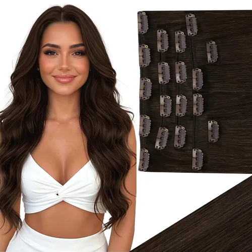 Miniatura 10 de Ve Sunny Extensiones de cabello clip-in de cabello humano real con reflejos, extensiones de cabello con clip para cabello corto, marrón oscuro