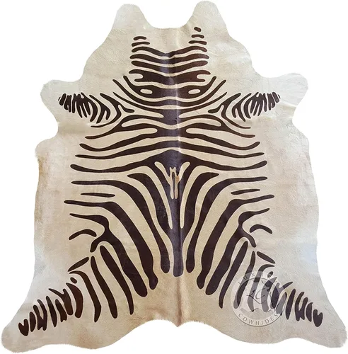 Miniatura 9 de Sunshine Cowhides Alfombra de piel de vaca 100% genuina con estampado de cebra, color beige sobre blanco roto, alfombra de estilo moderno para sala