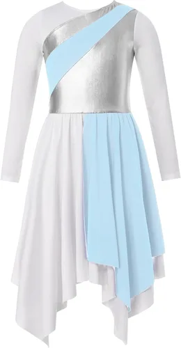 JEATHA Vestido tipo túnica asimétrica de alabanza metálica brillante de manga larga para niños y niñas, disfraz de baile contemporáneo lírico