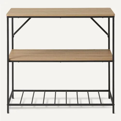 Miniatura 5 de Amazon Basics Isla de cocina con 3 estantes de almacenamiento, efecto negro y roble, superficie de melamina, pies ajustables