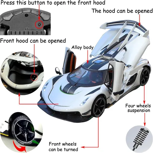 Miniatura 2 de Therina - Coches de juguete modelo Koenigsegg Jesko 1/24 de aleación blanca, vehículos fundidos a troquel coleccionables con sonido y luz