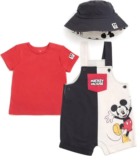 Miniatura 32 de Disney Conjunto de 3 piezas de overoles cortos de rizo francés para bebé, camiseta y sombrero, tallas de recién nacido a bebé (0-24 meses)