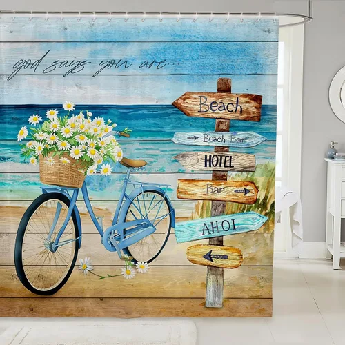Manfei Cortinas de ducha de playa de verano, cortinas de baño impermeables con 12 ganchos, para bañera, cortinas de baño de tablones de madera