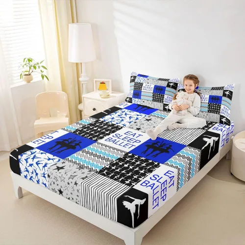 Miniatura 24 de Sábana bajera ajustable de ballet para niñas, juego de ropa de cama de ballet para danza de ballet, sábanas de cama con rayas geométricas onduladas