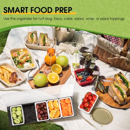 Miniatura 5 de Carrito de frutas, verduras y condimentos con tapa, 5 compartimentos extraíbles, bandeja de guarnición enfriada con hielo para camareros