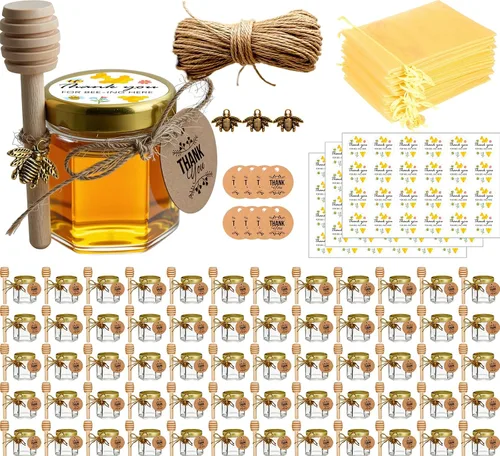 Miniatura 10 de Adabocute Mini tarros de miel – Tarro hexagonal de miel de vidrio con tapas doradas, cubos de madera, abalorios de abeja y yutes – Pequeños tarros