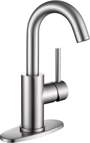 Grifo de Fregadero de Bar de Un Solo Orificio, Acero Inoxidable Níquel Cepillado Mango Individual Con Placa de Cubierta y Líneas de Suministro, Mini