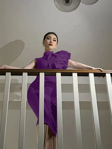 Miniatura 5 de XXTAXN - Vestido de cóctel entallado, formal, sin mangas y con volados para mujer, vestido de tubo por debajo de la rodilla