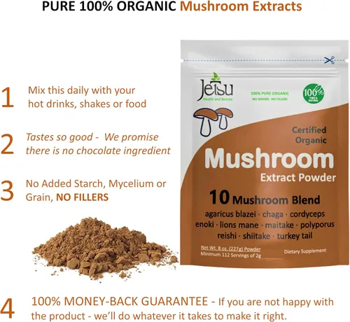 Miniatura 3 de Polvo de extracto de hongos – Potente mezcla de 10, melena de león orgánica, Cordyceps, Reishi, Shiitake, hongo cola de pavo suplemento cerebral