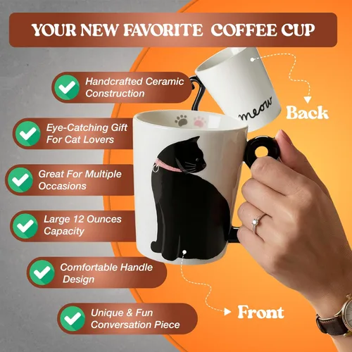Miniatura 2 de VOTUM Taza de cerámica negra con gato blanco para café o té - Taza con forma de animal con diseños impresos a mano - Bonito regalo hecho a mano