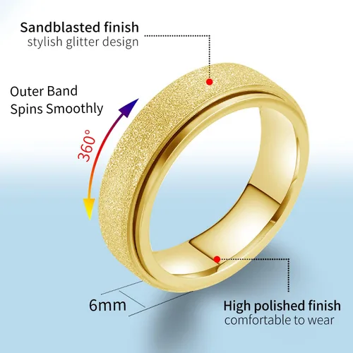 Miniatura 34 de LAOYOU Anillo giratorio para aliviar la ansiedad y la ansiedad para mujer, acero inoxidable de 0.236 pulgadas, con purpurina, para aliviar