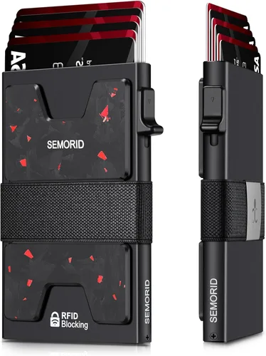 Miniatura 73 de Cartera delgada de aluminio para hombre, placa trasera expandible duradera, bloqueo RFID, billetera desplegable de metal minimalista, con capacidad