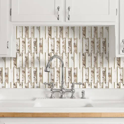 Miniatura 2 de 10 hojas de escamas de pescado para despegar y pegar para azulejos de pared de cocina, 12 pulgadas, mármol marrón, mezcla de metal dorado, azulejos