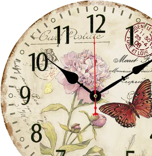 Miniatura 5 de Reloj de pared silencioso de 14 pulgadas sin tictac, relojes de pared con números arábigos grandes, reloj redondo de madera con patrón de mariposa