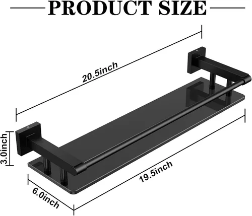 Miniatura 2 de Estante de vidrio para baño, estantes de baño de 20 pulgadas con toallero, estantes de vidrio templado con toallero de acero inoxidable para estante