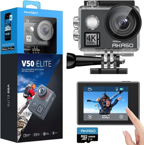 AKASO V50 Elite 4K60fps Cámara de acción con kit de accesorios de tarjeta de memoria MicroSDXC U3 de 128GB, control de voz, EIS, cámara impermeable