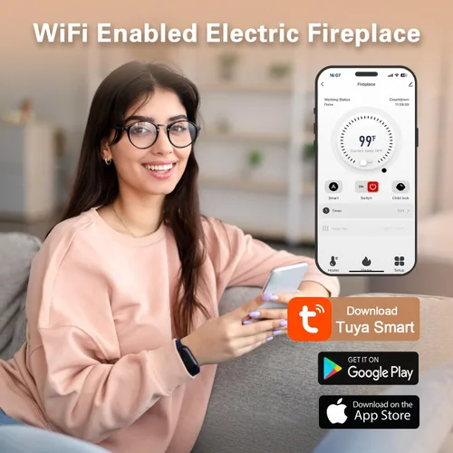 Miniatura 2 de Cheerway Chimenea eléctrica inteligente WiFi de 42 pulgadas, calentador eléctrico empotrado y montado en la pared con sonido crepitante y llama
