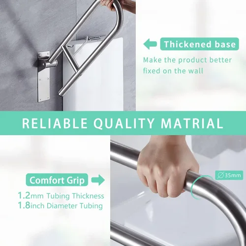 Miniatura 3 de Rieles de seguridad de inodoro de acero inoxidable de 29.5 pulgadas, barra de agarre abatible para baño para discapacitados con portapapeles