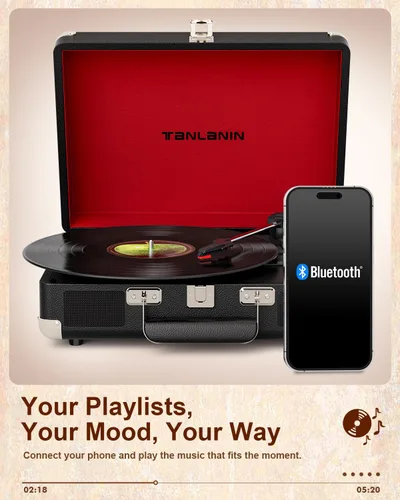 Miniatura 11 de TANALNIN - Tocadiscos de vinilo, tocadiscos portátil de maleta con Bluetooth de 3 velocidades con altavoces integrados, grabación USB, salida RCA