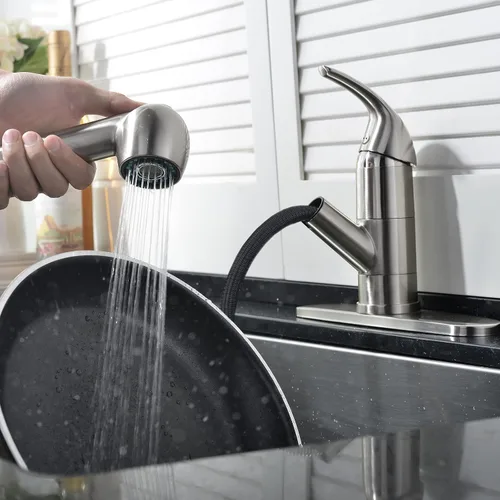 Miniatura 6 de Grifo de cocina de perfil bajo extraíble con rociador, grifo de fregadero de lavandería de acero inoxidable de una sola manija con níquel cepillado