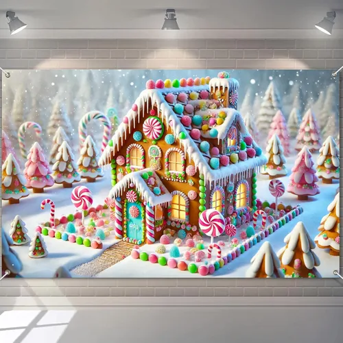 Miniatura 8 de BlissYard Telón de fondo de tren de Papá Noel, 71 x 43 pulgadas, pancarta de escena de Navidad de pan de jengibre, fondo de fotos para fiestas