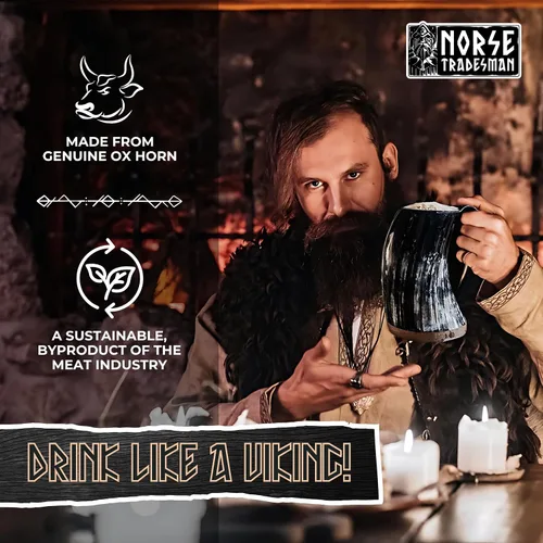 Miniatura 3 de Norse Tradesman LG Viking Cuerno para Beber - Jarra de Cuerno de Cerveza 100% Auténtica con Fondo de Madera Dura y Grabados de Anillos The
