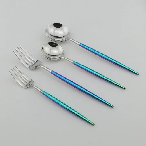 Miniatura 7 de Juego de cubiertos Coloful Rainbow Handle Silver de 5 piezas, espejo de acero inoxidable 18/10, servicio para 1 plateado
