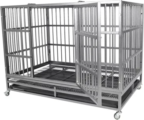 Jaula indestructible para perros, 47 pulgadas, jaula para perros de alta ansiedad con bandejas extraíbles, ruedas y puerta doble, para perros