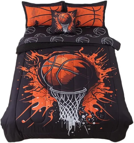 Juego de edredón de 6 piezas con diseño de baloncesto, ropa de cama negra tamaño individual para niños, adolescentes y adultos, con pelotas,