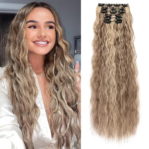 Miniatura 15 de Flufymooz - Extensiones de cabello con clip, 6 unidades, extensiones de cabello largas con ondas de sirena, sintético, postizo para mujer, 24 Marrón