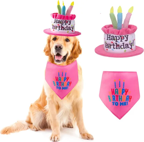 Miniatura 11 de Juego de sombrero y bandana de cumpleaños para perros grandes, sombreros ajustables para fiesta de cumpleaños para perros grandes, decoración